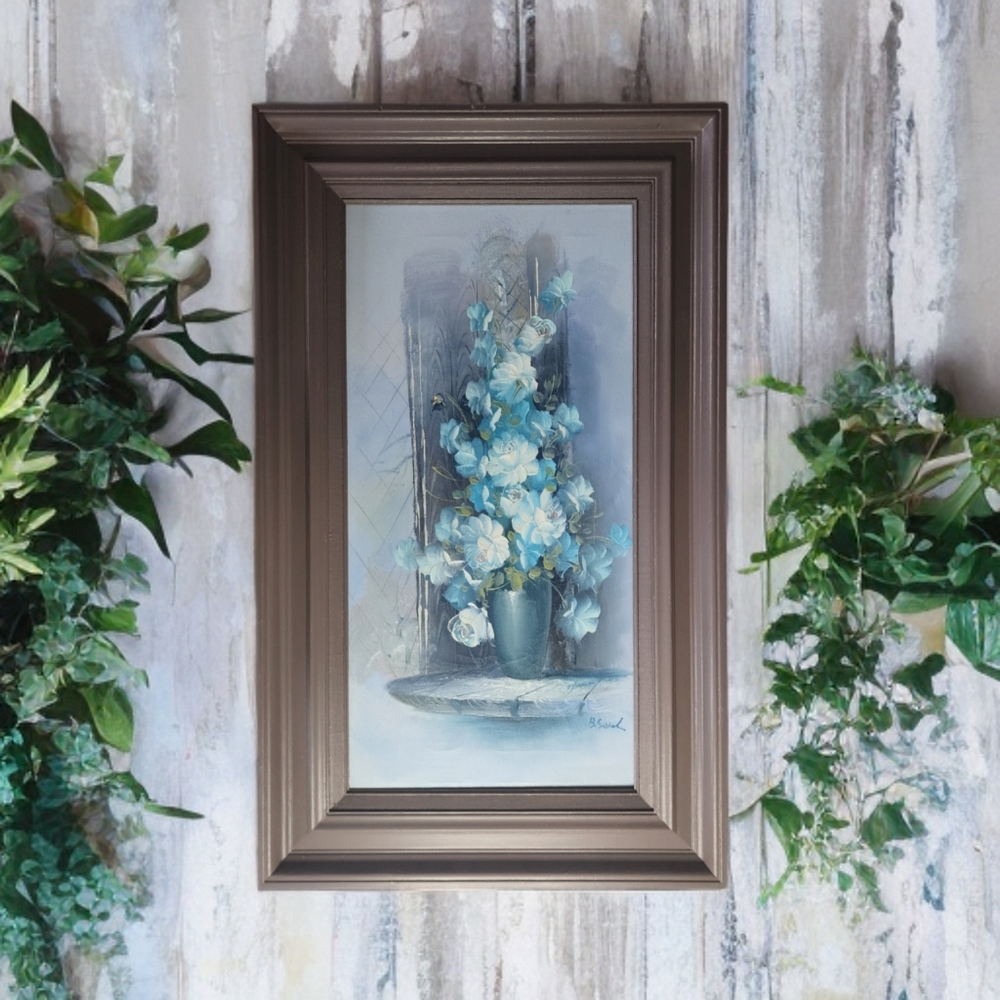 Vintage B. Sokal Blue Floral Oil Painting Textured Palette Knife Framed Wall Art - Picture 2 of 8